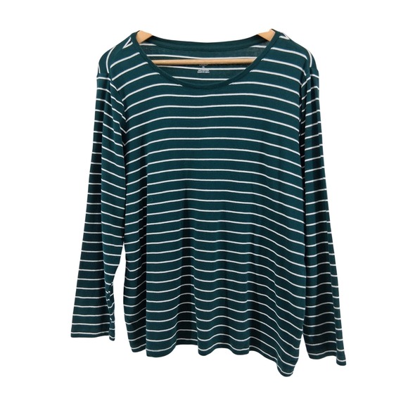 CJ Banks Womens 1X Long Sleeve Striped Top Green White Crew Neck Tee - Picture 1 of 10